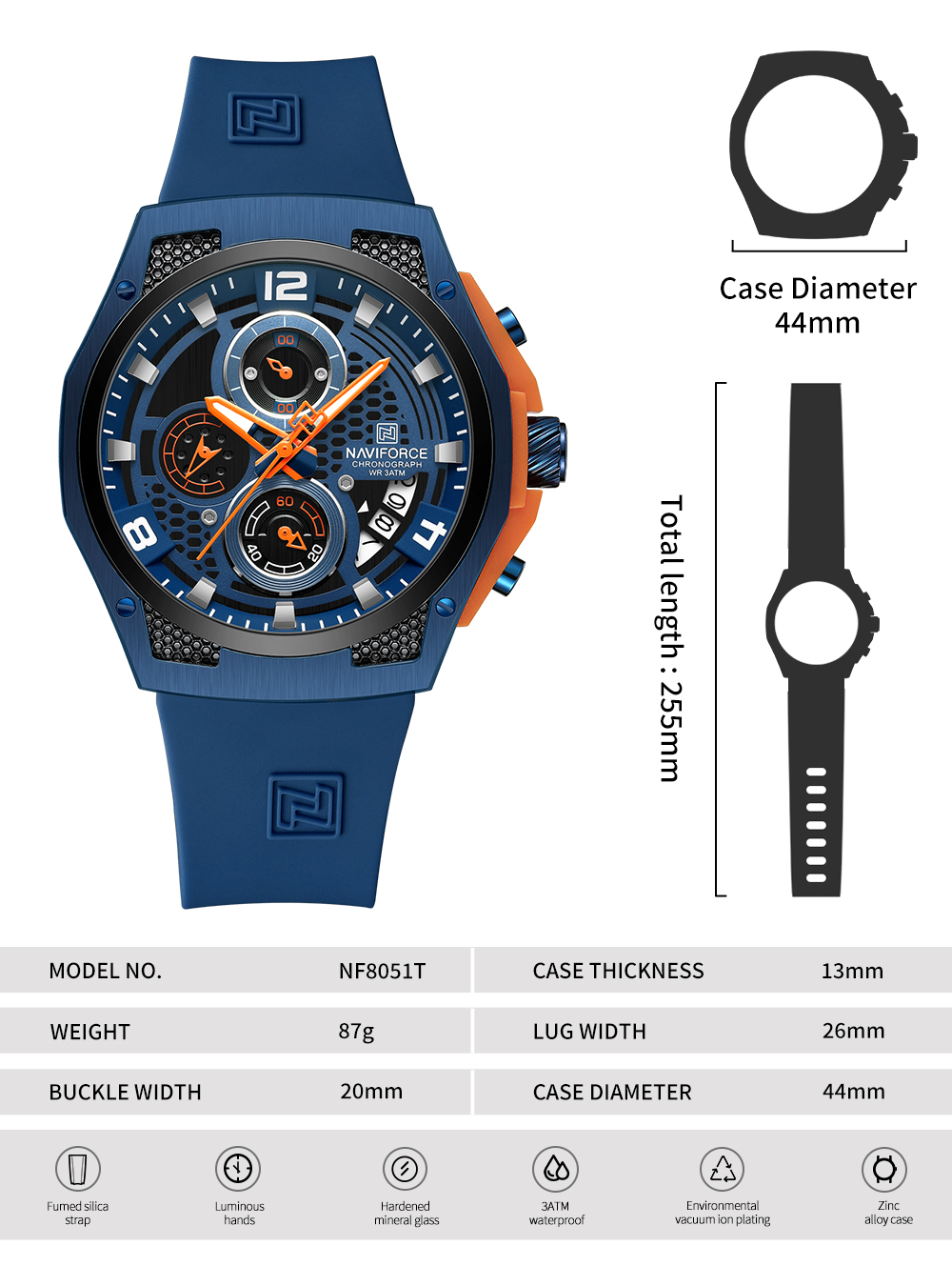 Picture of NAVIFORCE NF8051T Trendy Fashion Men’s Watch Multifunction Quartz Chronograph Luminous Waterproof Cool Sports Student Watch