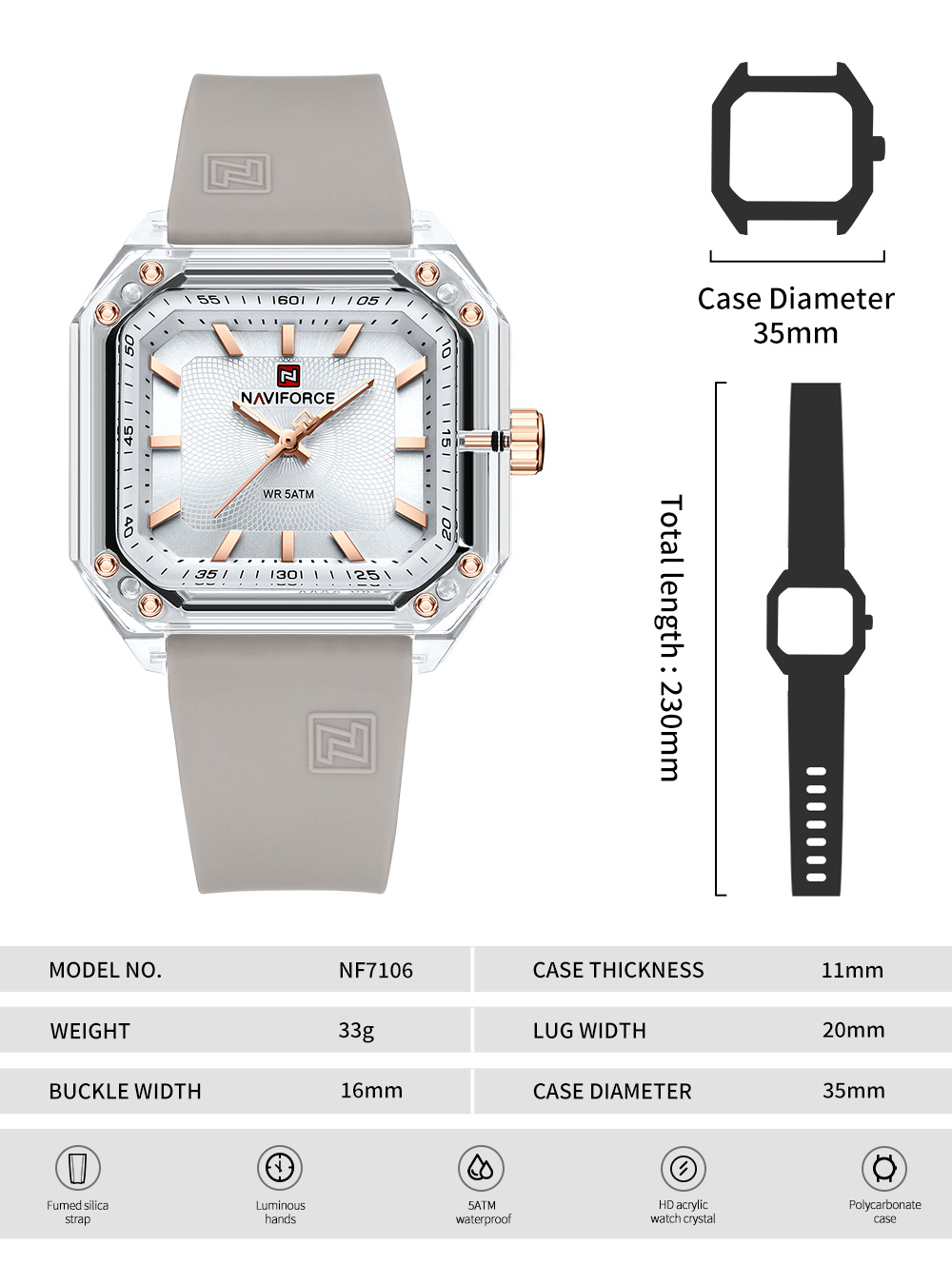 Picture of NAVIFORCE NF7106 Fashion Square Acrylic Colorful Sport Silicone Jelly Quartz Casual Watch For Women