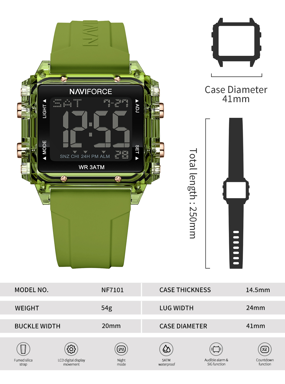 Picture of NAVIFORCE NF7101 Fashion Transparent LCD Electronic Wrist Watch With Waterproof Alarm LED Silicone Strap Teenager Watch