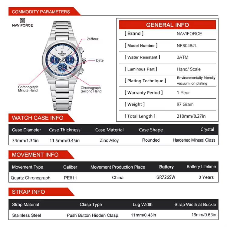 Picture of NAVIFORCE NF8048 Classic Stylish Timeless Love Standard Chronograph Stainless Steel Strap Women Watches