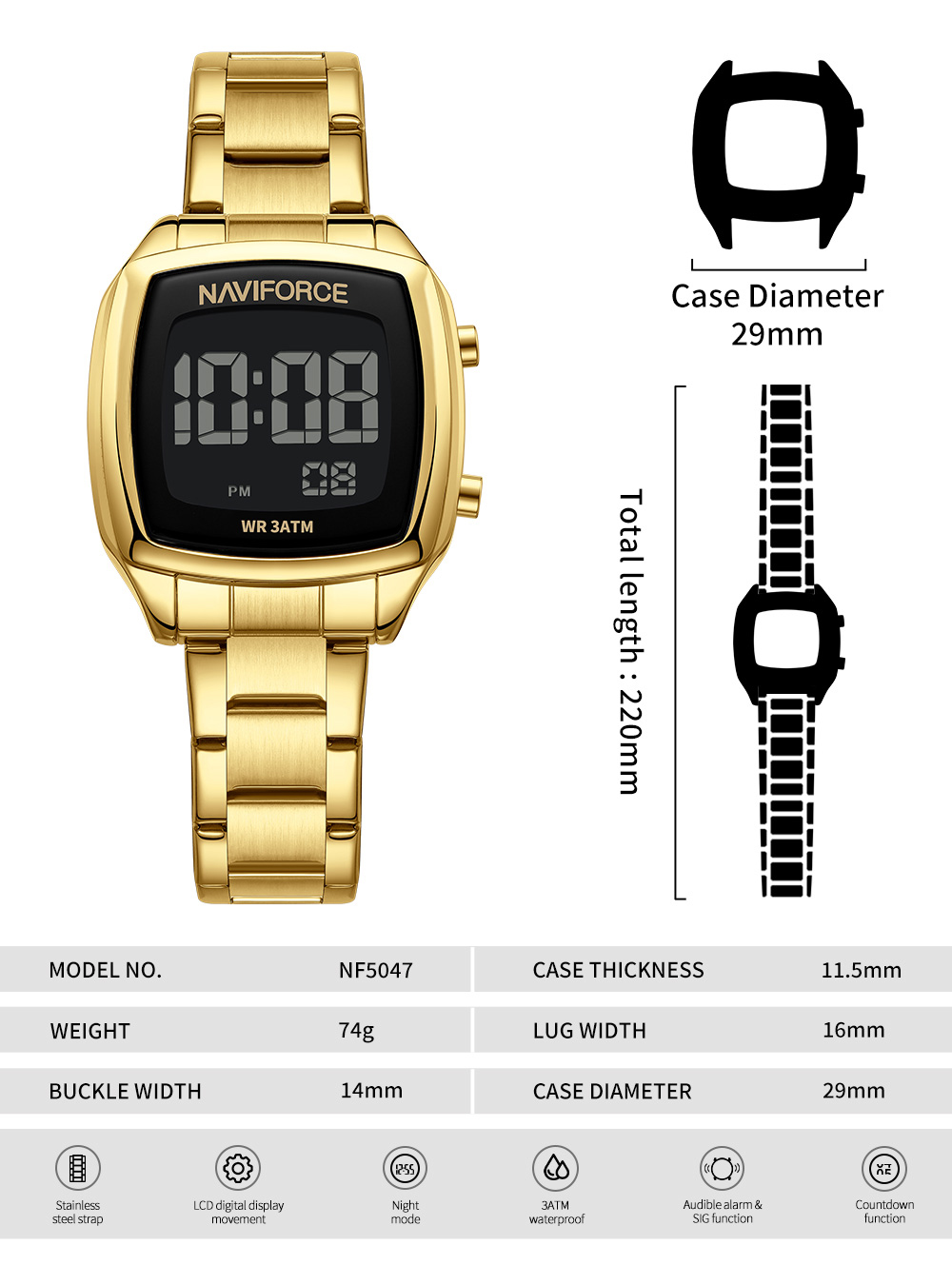 Picture of NAVIFORCE NF5047 Versatile Trendy Square Watch with LCD Movement Luminous Sports Waterproof Unisex Watches