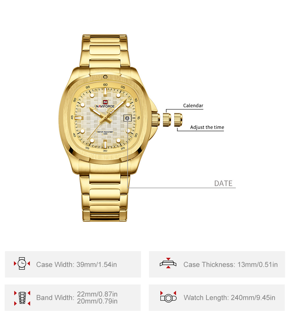 Picture of NAVIFORCE NF9240 Men’s Quartz Date Watch Japanese Movement Square Dial Stainless Steel Waterproof Design