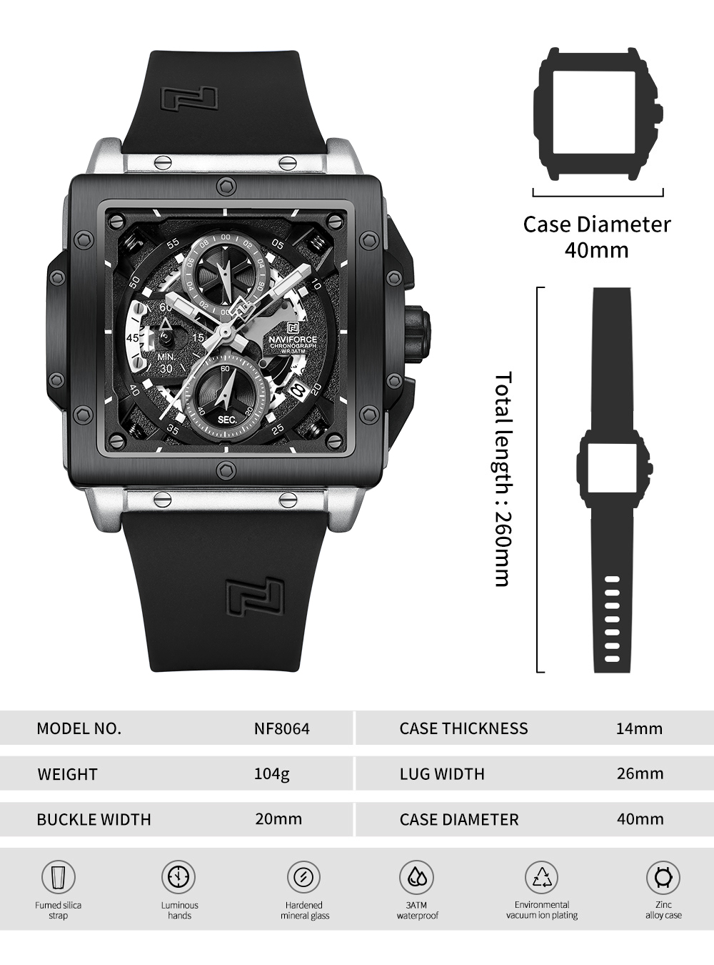 Picture of NAVIFORCE NF8064 Fashion Square Waterproof Luminous Sports Fumed Silica Quartz Chronograph Watch