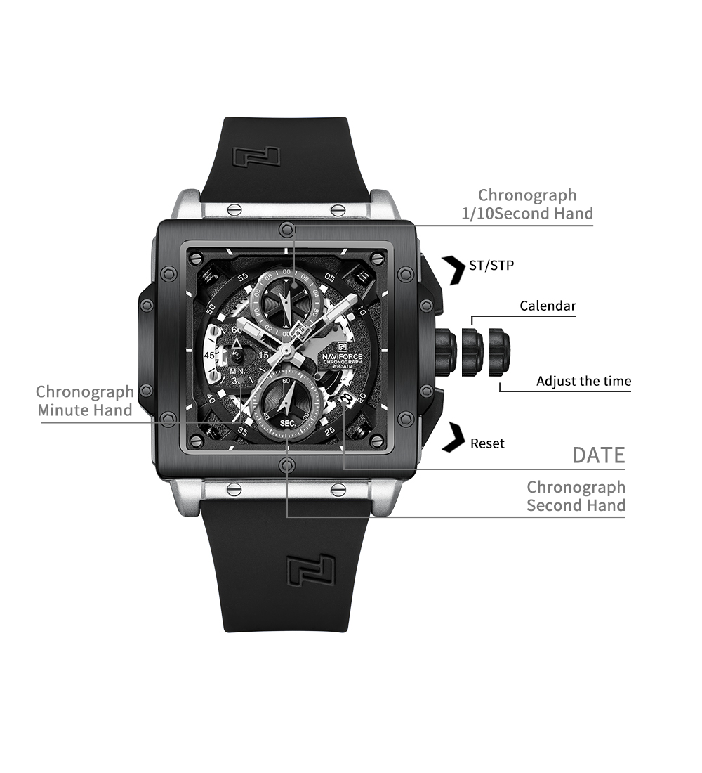 Picture of NAVIFORCE NF8064 Fashion Square Waterproof Luminous Sports Fumed Silica Quartz Chronograph Watch