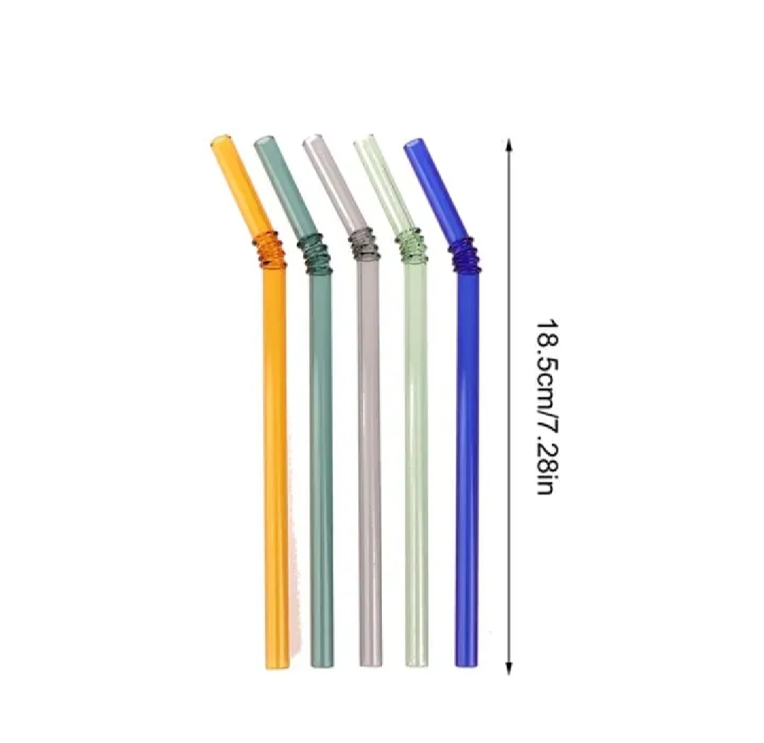 Picture of 6 PCS Glass Straws with Design | Colorful Shatter Resistant Bend , 8.2'' X 8mm with Cleaning Brush