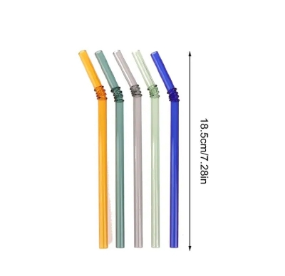 Picture of 6 PCS Glass Straws with Design | Colorful Shatter Resistant Bend , 8.2'' X 8mm with Cleaning Brush
