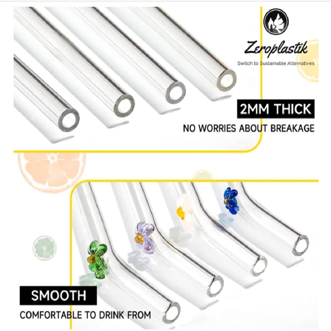 Picture of 6 PCS Glass Straws with Design | Colorful Shatter Resistant Bend , 8.2'' X 8mm with Cleaning Brush