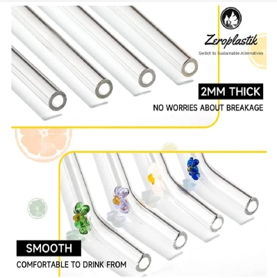 Picture of 6 PCS Glass Straws with Design | Colorful Shatter Resistant Bend , 8.2'' X 8mm with Cleaning Brush