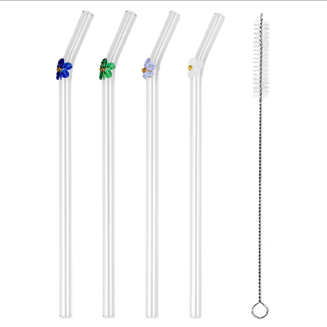 Picture of 6 PCS Glass Straws with Design | Colorful Shatter Resistant Bend , 8.2'' X 8mm with Cleaning Brush