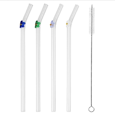 Picture of 6 PCS Glass Straws with Design | Colorful Shatter Resistant Bend , 8.2'' X 8mm with Cleaning Brush