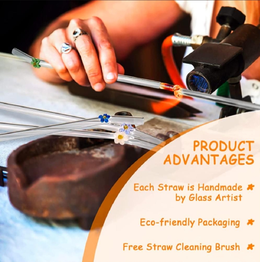 Picture of 6 PCS Glass Straws with Design | Colorful Shatter Resistant Bend , 8.2'' X 8mm with Cleaning Brush