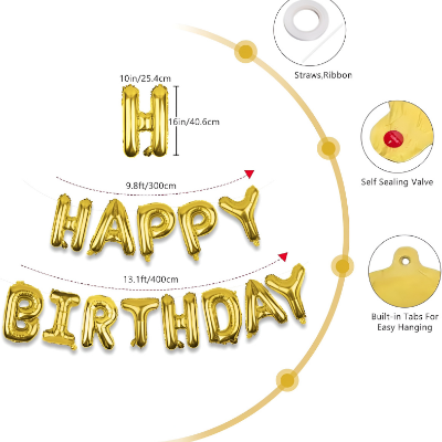 Colorful Happy Birthday Foil Banner Balloons in Multicolor, Black, Red, Golden, Silver, Blue, Pink & Rose Gold- (Pack of 1 Pcs)