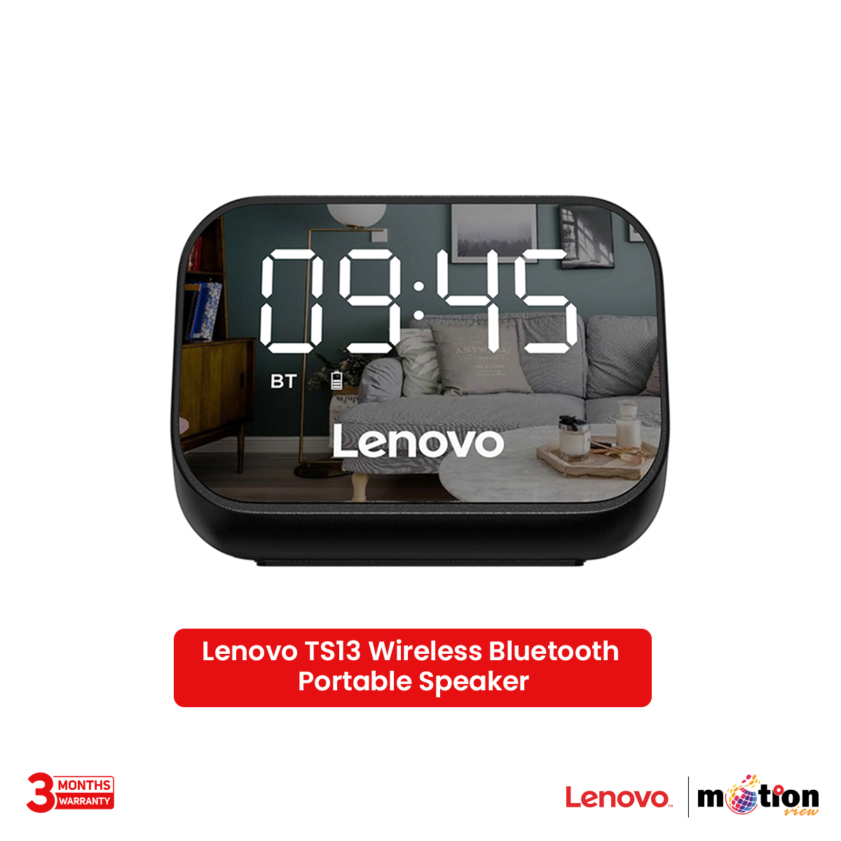 Picture of Lenovo TS13 Wireless Bluetooth Portable Speaker With Single Alarm Clock Mirror Design - Black