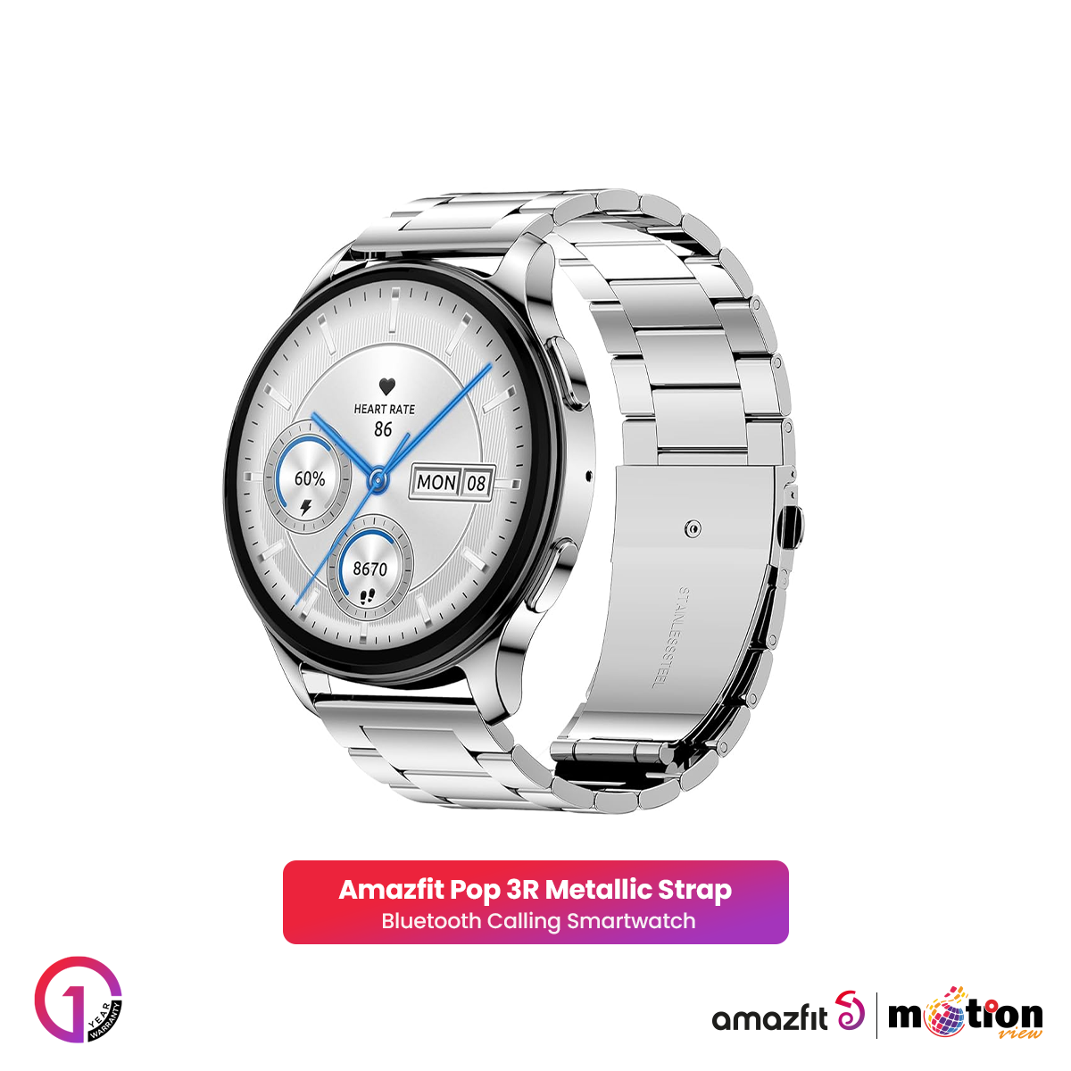 Picture of Amazfit Pop 3R 1.43" HD AMOLED Display With Bluetooth Calling Smart Watch (Metallic Strap)