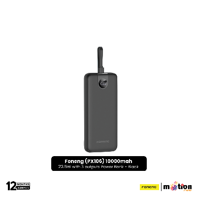Picture of Foneng (PX106) 10000mah 22.5w Fast Charging Portable Power Bank with Built-In 3 Cables- Black
