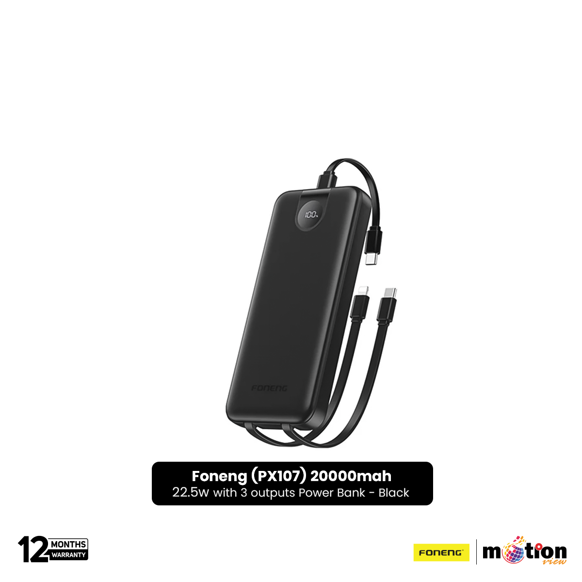 Picture of Foneng (PX107) 20000mah 22.5w Fast Charging Portable Power Bank with Built-In 3 Cables- Black
