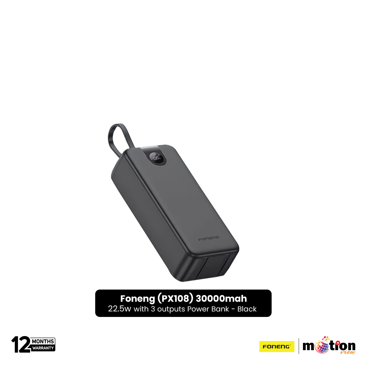 Picture of Foneng (PX108) 30000mah 22.5w Fast Charging Portable Power Bank with Built-In 3 Cables- Black