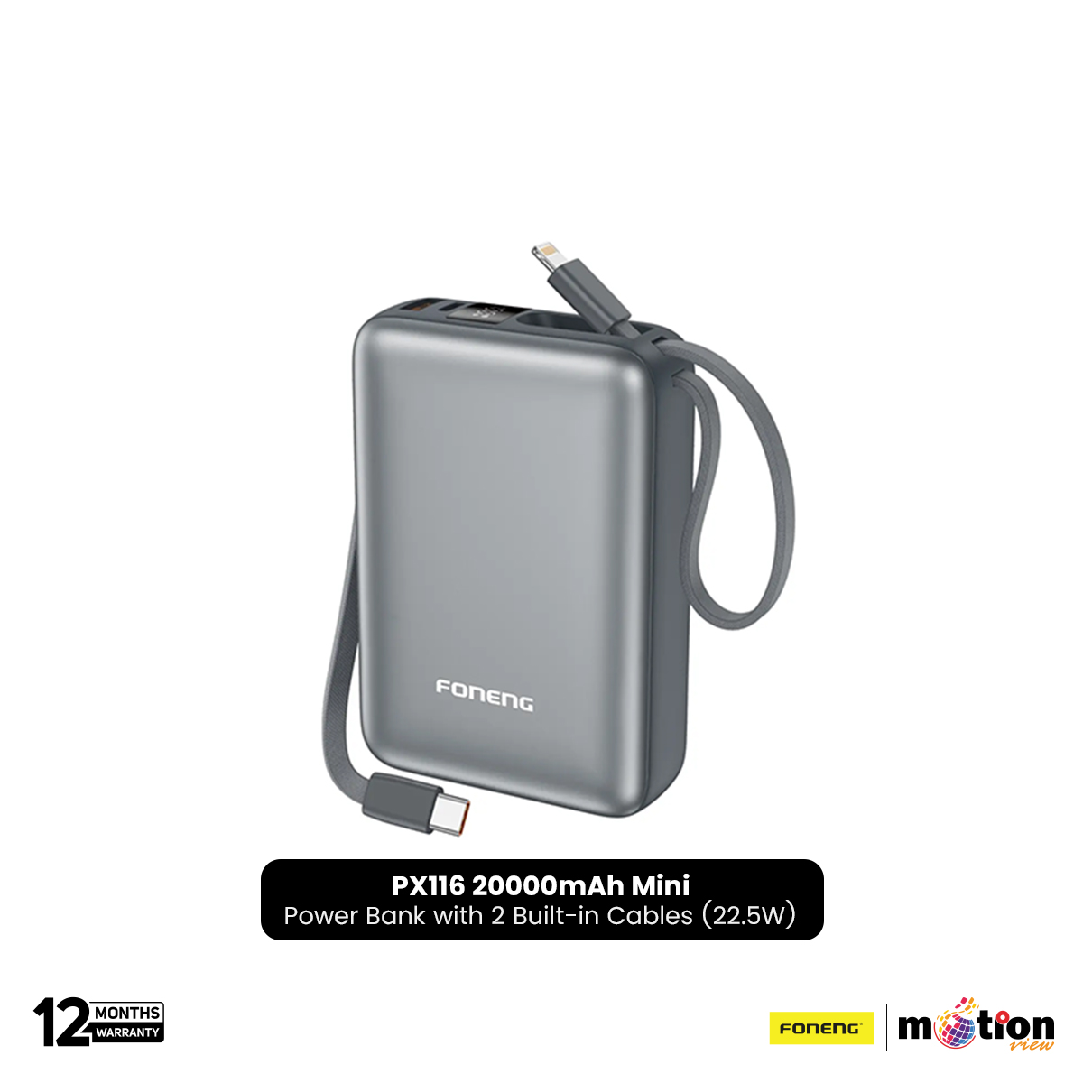 Picture of FONENG PX116 20000mAh Mini 22.5W Power Bank with 2 Built-in Cables- Dark Gray