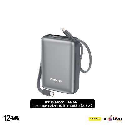 Picture of FONENG PX116 20000mAh Mini 22.5W Power Bank with 2 Built-in Cables- Dark Gray