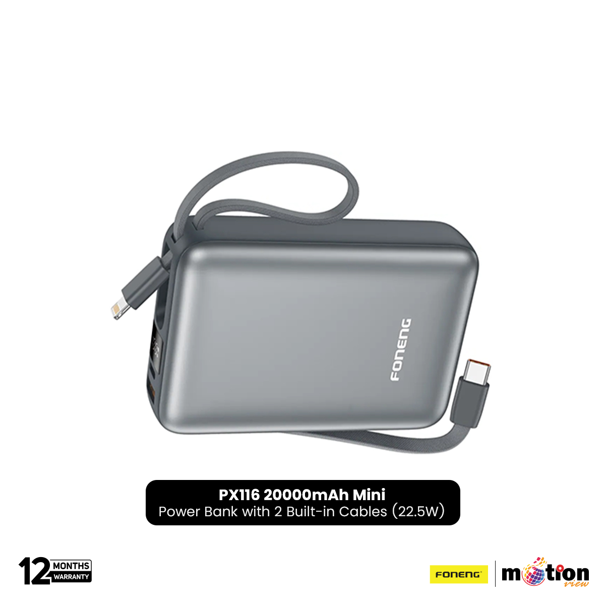 Picture of FONENG PX116 20000mAh Mini 22.5W Power Bank with 2 Built-in Cables- Dark Gray
