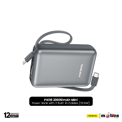 Picture of FONENG PX116 20000mAh Mini 22.5W Power Bank with 2 Built-in Cables- Dark Gray