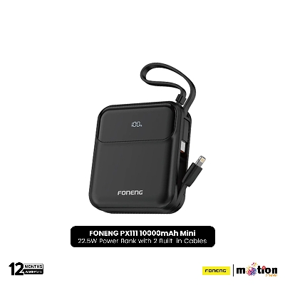 Picture of FONENG PX111 10000mAh Mini 22.5W Power Bank with 2 Built-in Cables- Black