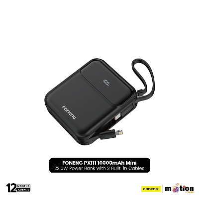Picture of FONENG PX111 10000mAh Mini 22.5W Power Bank with 2 Built-in Cables- Black