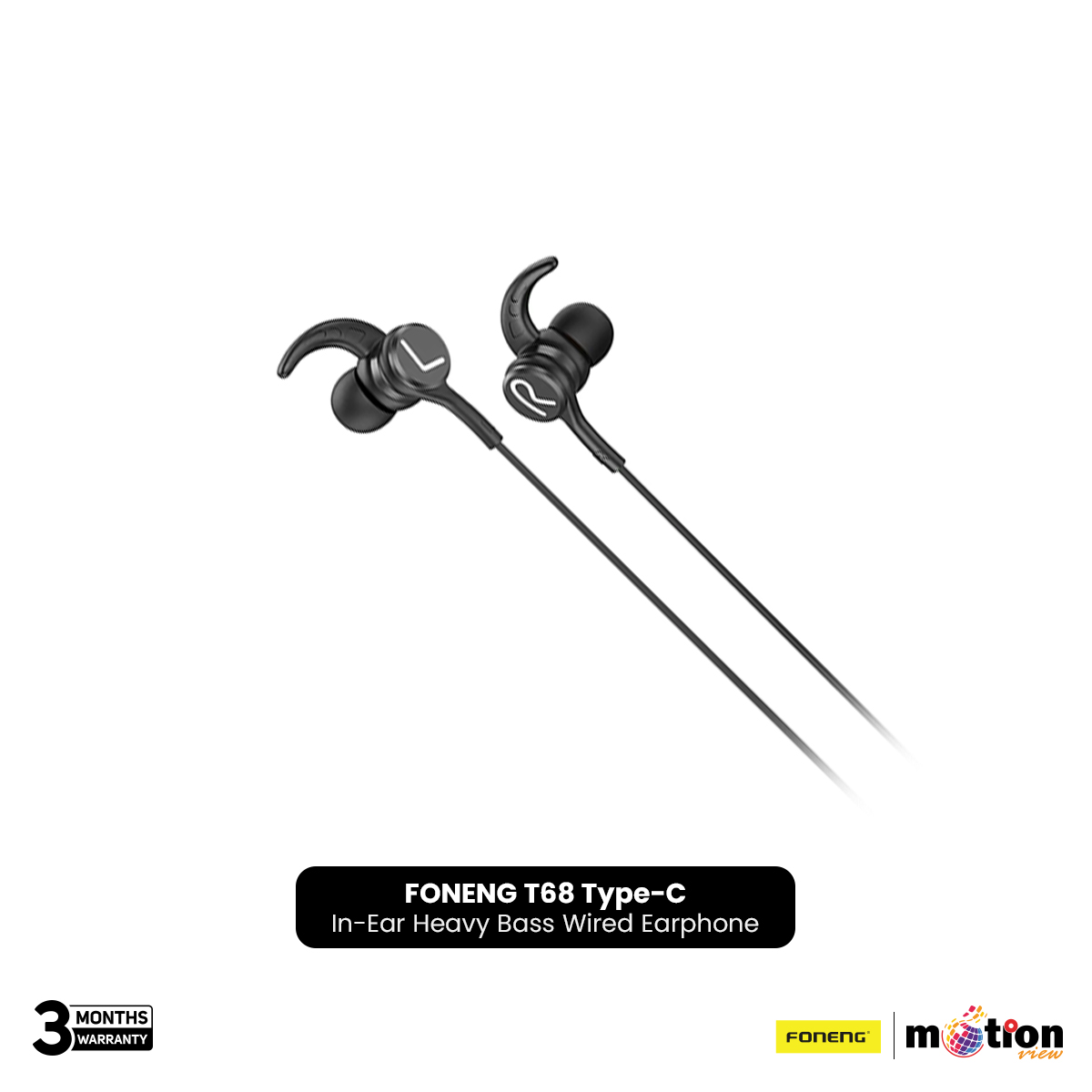 Picture of FONENG T68 In-Ear Type-C Heavy Bass Gaming Wired Earphone- Black