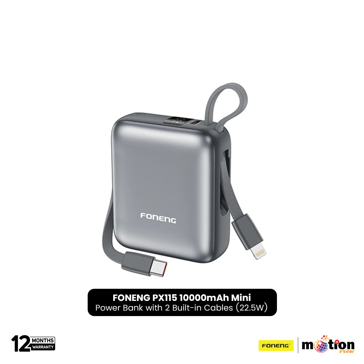 Picture of FONENG PX115 10000mAh Mini 22.5W Power Bank with 2 Built-in Cables- Dark Gray