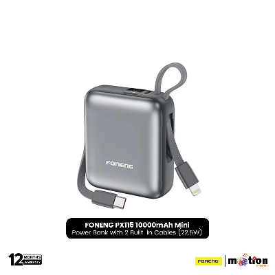 Picture of FONENG PX115 10000mAh Mini 22.5W Power Bank with 2 Built-in Cables- Dark Gray