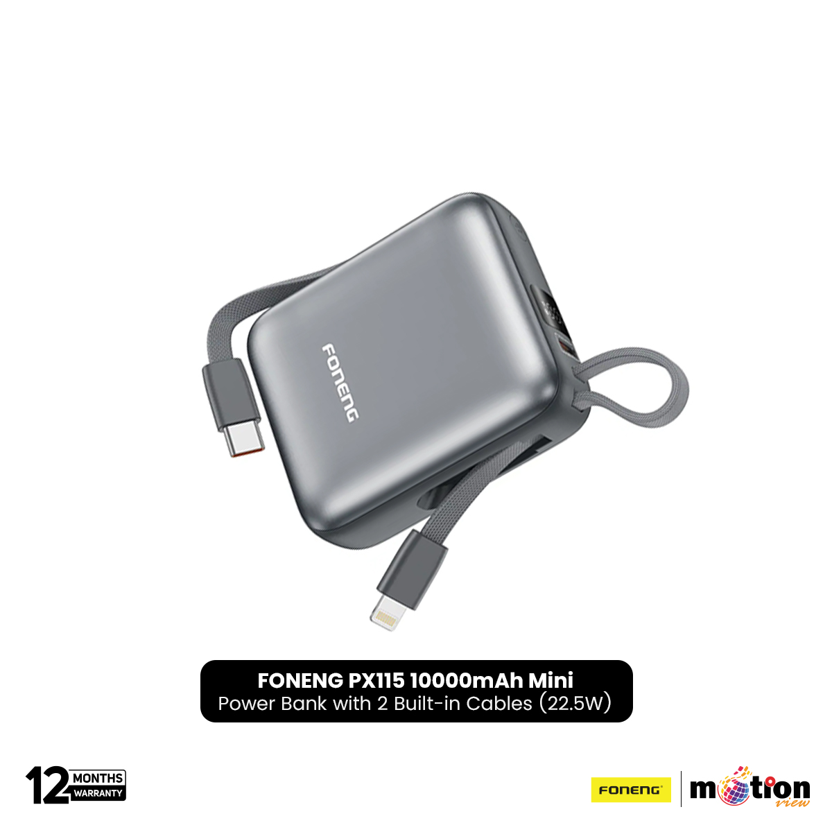 Picture of FONENG PX115 10000mAh Mini 22.5W Power Bank with 2 Built-in Cables- Dark Gray