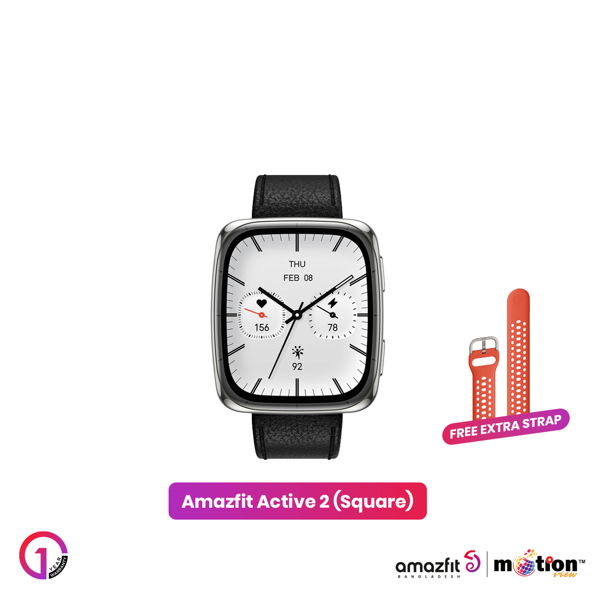 Picture of Amazfit Active 2(Square) 1.32inch Smartwatch (Premium) Dual Strap(Leather + Silicone)