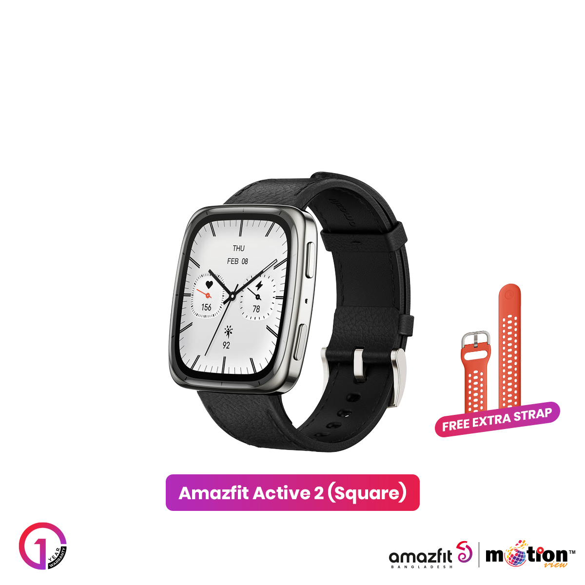 Picture of Amazfit Active 2(Square) 1.32inch Smartwatch (Premium) Dual Strap(Leather + Silicone)