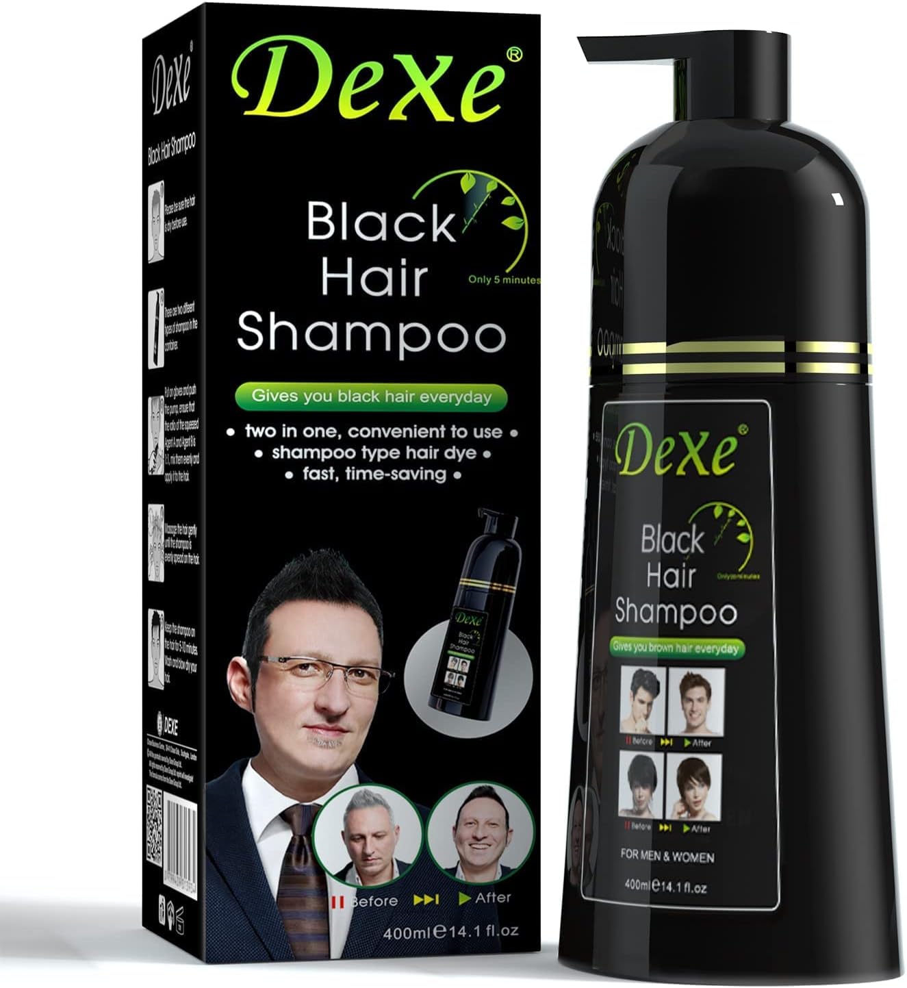 Picture of Dexe Black Hair Shampoo 400 ML Instant Hair Darkening Dye for Men Women Black Color - Easy to Use - Lasts 30 Days - Fast Acting Natural Ingredients