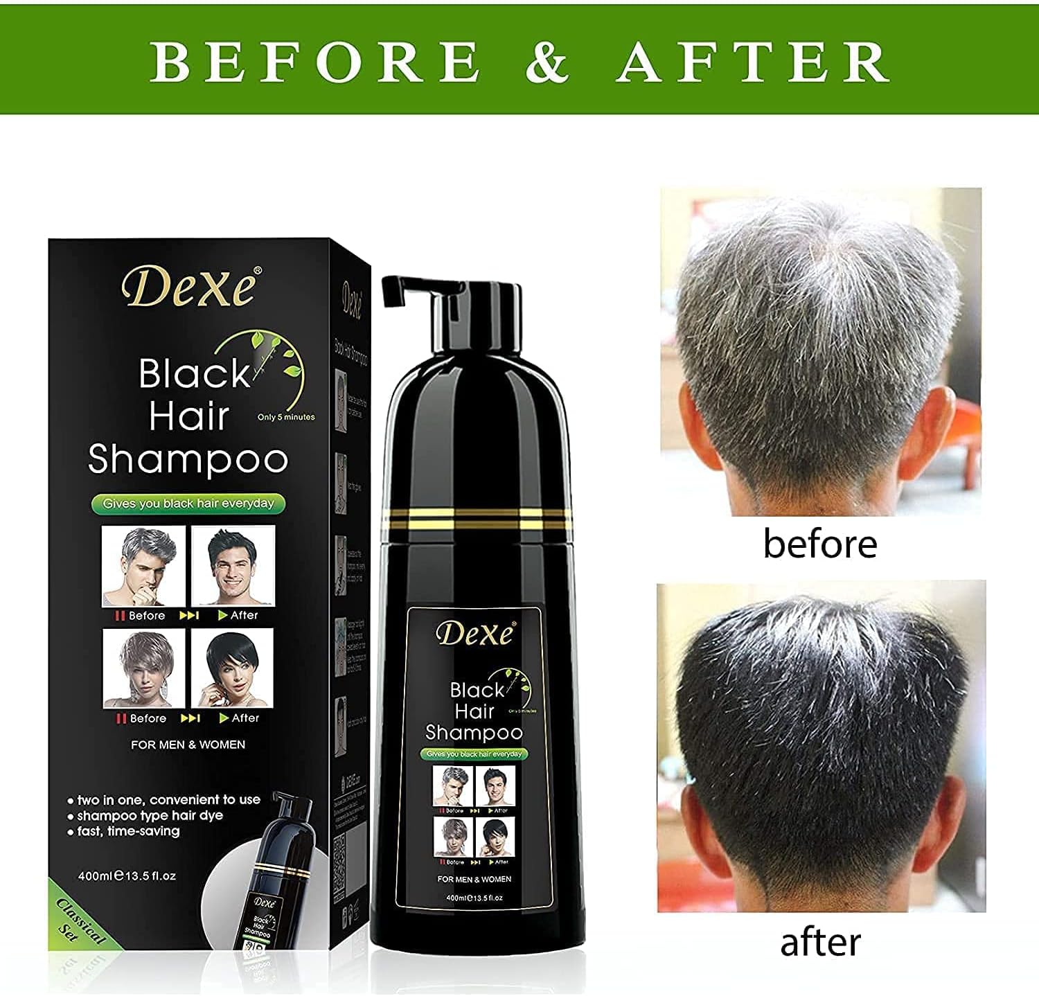 Picture of Dexe Black Hair Shampoo 400 ML Instant Hair Darkening Dye for Men Women Black Color - Easy to Use - Lasts 30 Days - Fast Acting Natural Ingredients