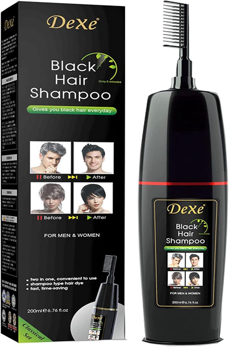 Picture of Dexe ammonia-free organic professional permanent black hair dye shampoo 200ml to cover 100% white hair with comb