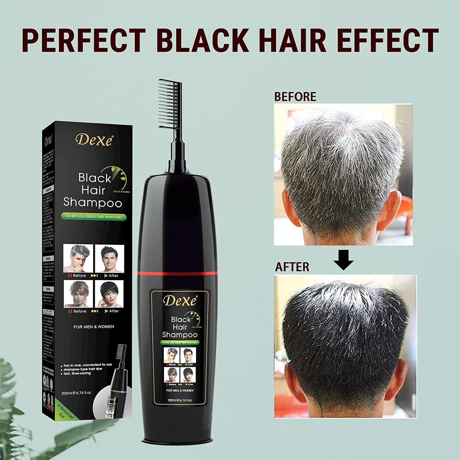 Picture of Dexe ammonia-free organic professional permanent black hair dye shampoo 200ml to cover 100% white hair with comb