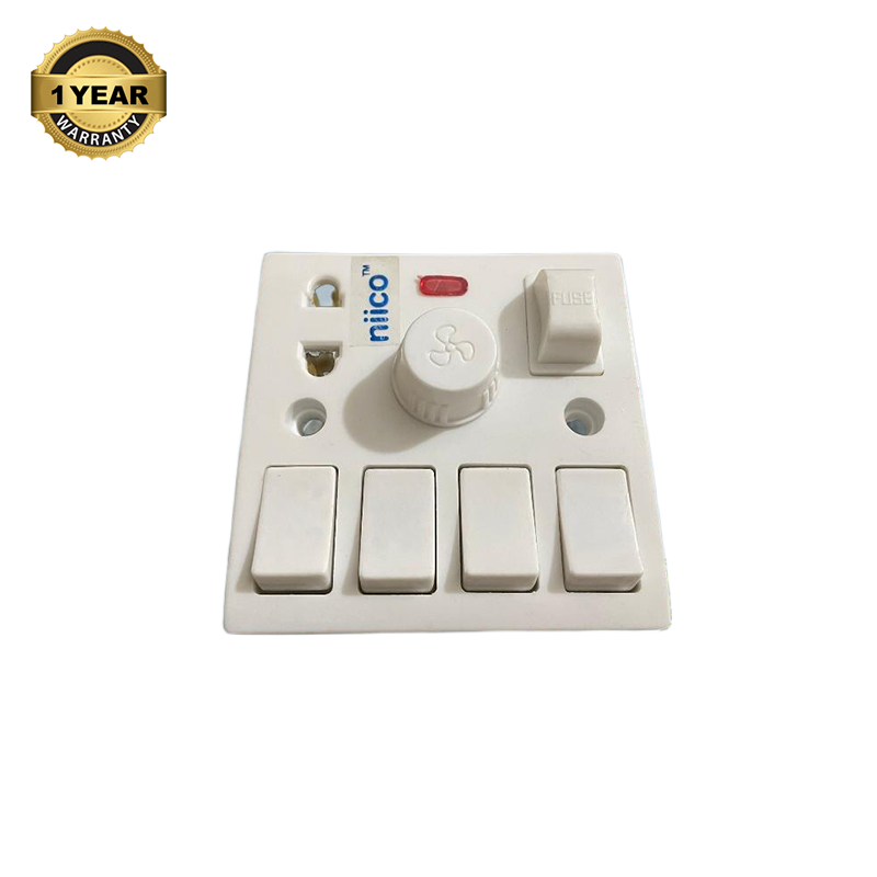 Picture of NIICO 4 Gang switch + Fan  Regulator+ 2 Pin socket + Fuse Multifunction Socket   Wall Switch Model-055