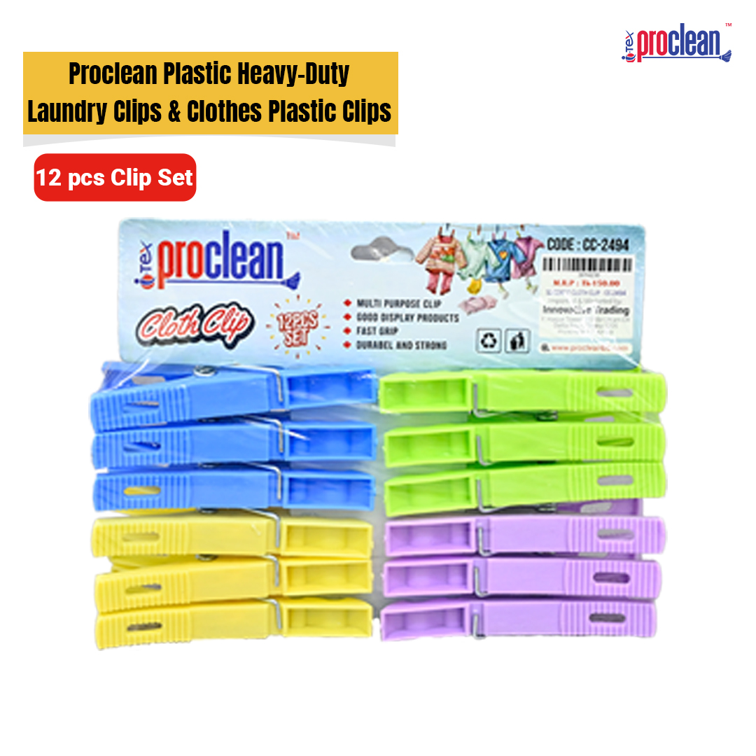Picture of Proclean Plastic Clothespins_CC-2494 – Heavy-Duty Laundry Clips & Clothes Plastic Clips for Crafts, Hard Plastic with Strong Grip Clothes Pins, Ideal for Drying & Home Organization, (12 pcs per Pack)