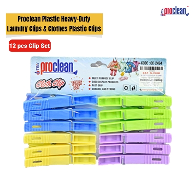 Picture of Proclean Plastic Clothespins_CC-2494 – Heavy-Duty Laundry Clips & Clothes Plastic Clips for Crafts, Hard Plastic with Strong Grip Clothes Pins, Ideal for Drying & Home Organization, (12 pcs per Pack)