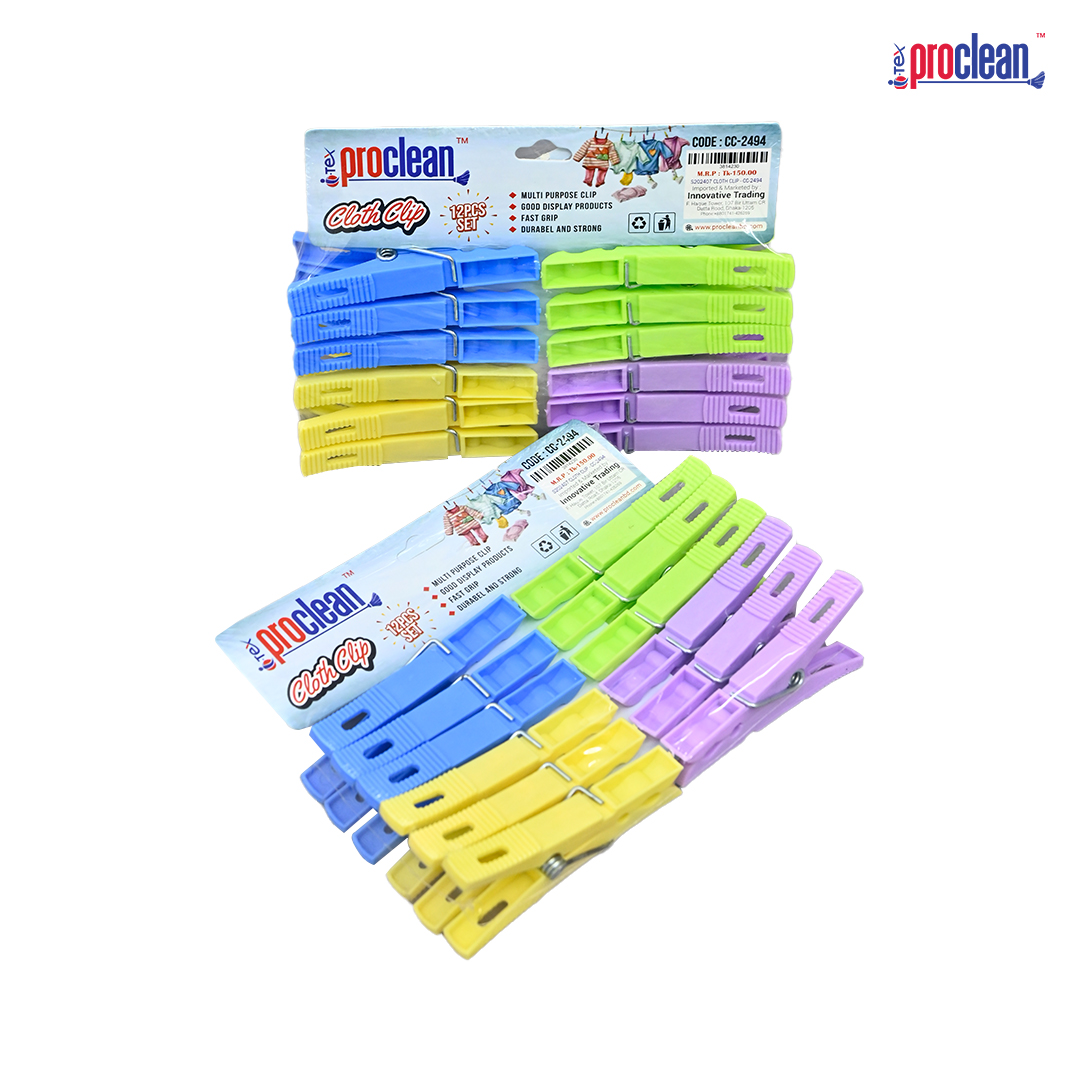 Picture of Proclean Plastic Clothespins_CC-2494 – Heavy-Duty Laundry Clips & Clothes Plastic Clips for Crafts, Hard Plastic with Strong Grip Clothes Pins, Ideal for Drying & Home Organization, (12 pcs per Pack)