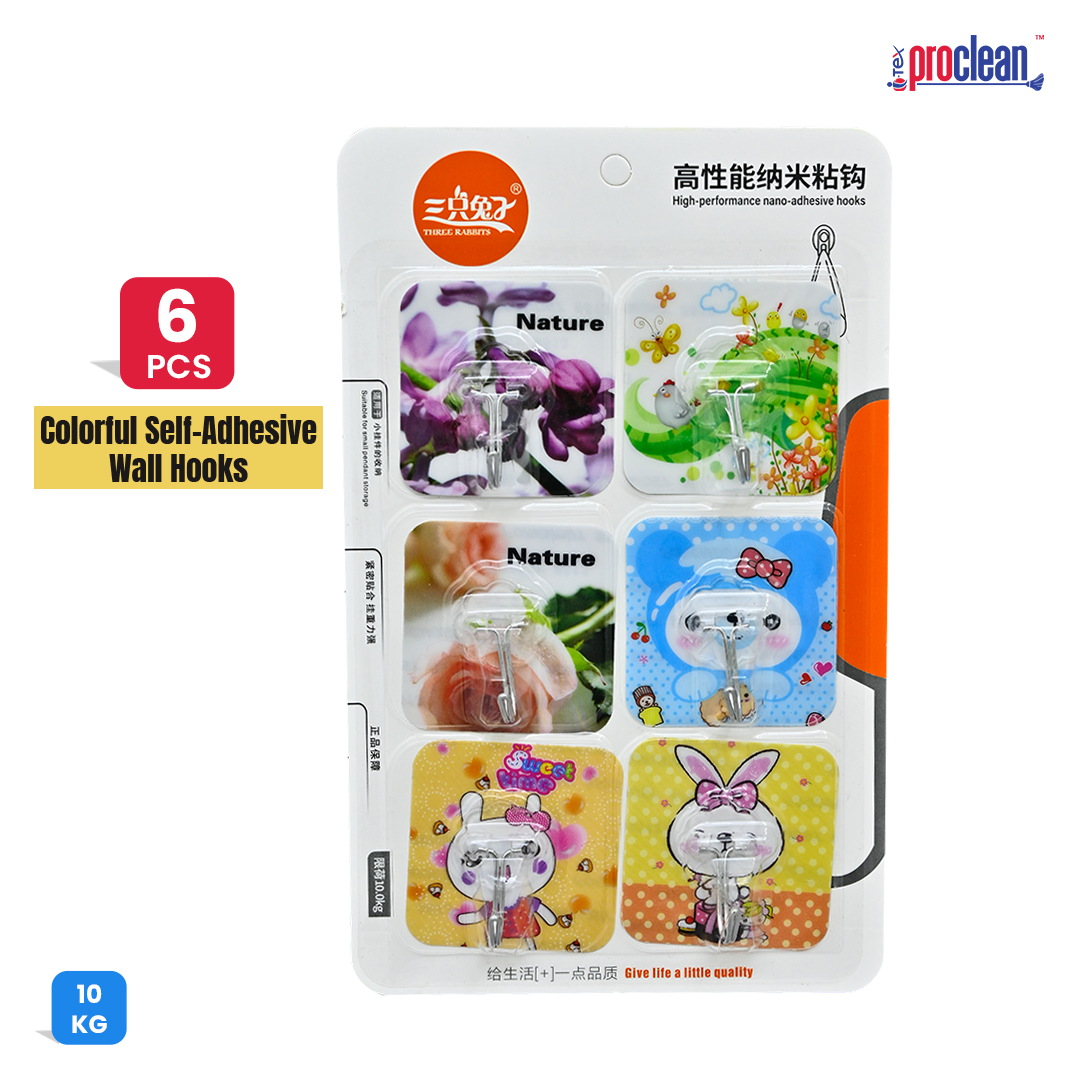 Picture of Proclean Printed Fancy Wall Hooks_WH-2203 for Hanging Adhesive Printed Hooks for Hanging Keys, Coats Hats Bags Ceiling Home Kitchen  Bathroom Accessories Up to 10 Kg Load Capacity  Sticky Hooks Pack of 6