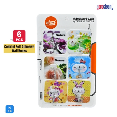 Picture of Proclean Printed Fancy Wall Hooks_WH-2203 for Hanging Adhesive Printed Hooks for Hanging Keys, Coats Hats Bags Ceiling Home Kitchen  Bathroom Accessories Up to 10 Kg Load Capacity  Sticky Hooks Pack of 6