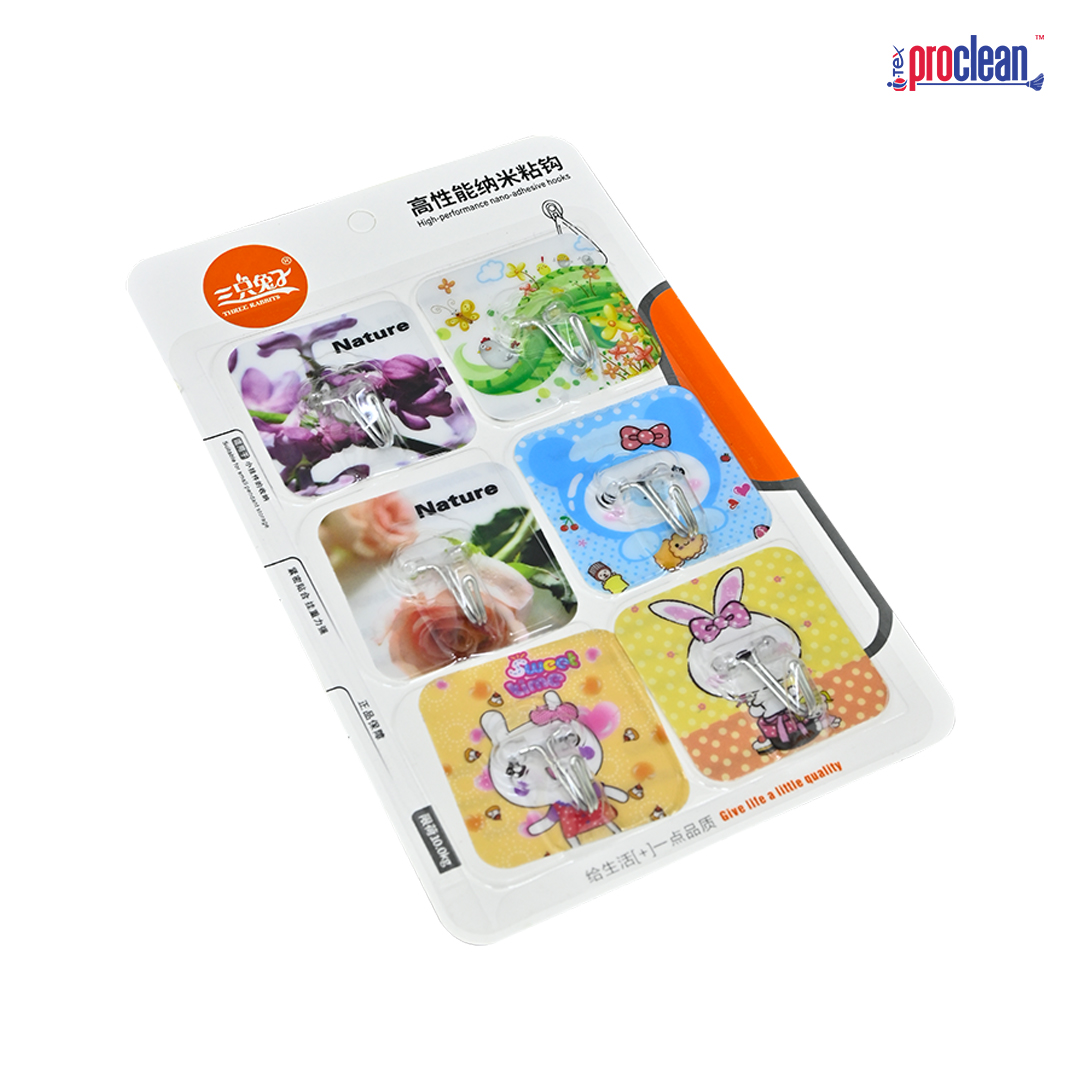 Picture of Proclean Printed Fancy Wall Hooks_WH-2203 for Hanging Adhesive Printed Hooks for Hanging Keys, Coats Hats Bags Ceiling Home Kitchen  Bathroom Accessories Up to 10 Kg Load Capacity  Sticky Hooks Pack of 6
