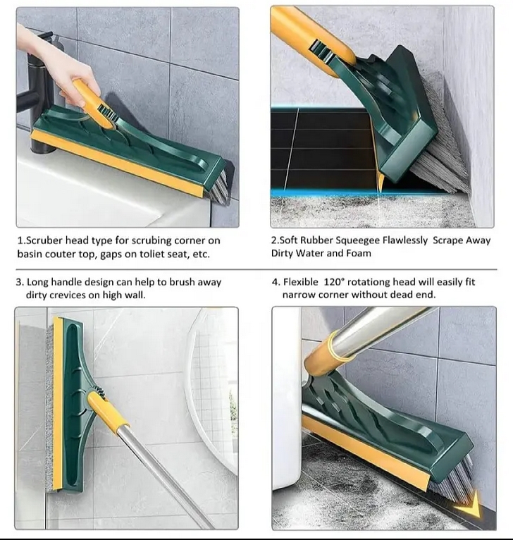 Picture of Bathroom Cleaning Brush with Wiper 2 in 1_FB-2005 Tiles Cleaning Brush Floor Scrub Bathroom Brush with Long Handle Rotatable Head. Bathroom Floor Cleaning Brush (2 in 1 Cleaning Brush)