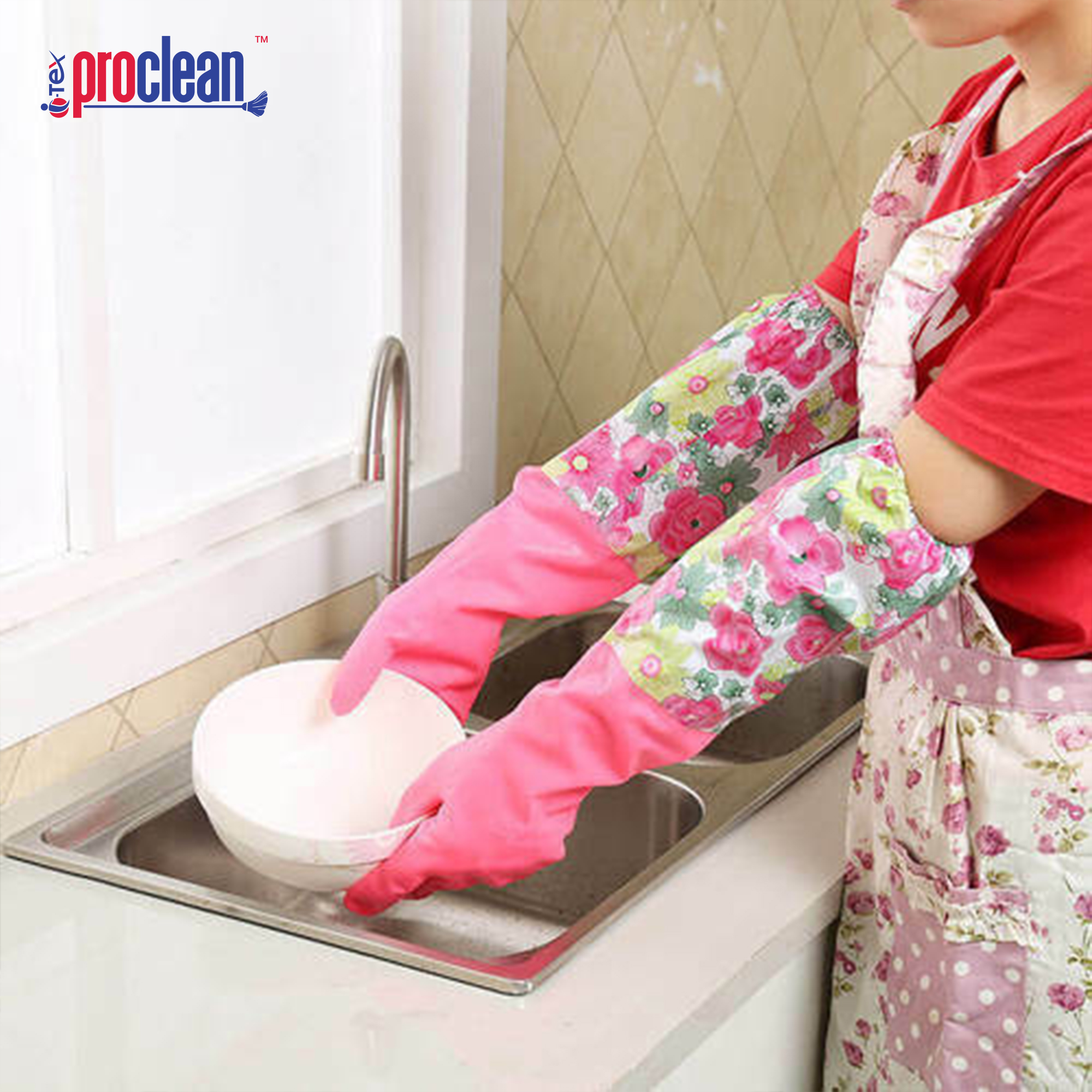 Picture of Proclean Regular Kitchen Gloves KG-1428 -100% waterproof - Long Cuff Dishwashing Gloves Heavy Duty, Reusable Large Gloves for Kitchen, Bathroom, Gardening, Working, Pet Care.