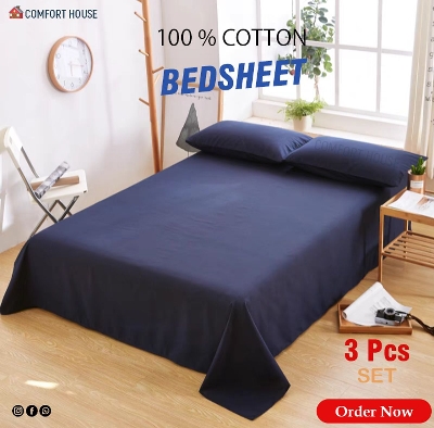 Picture of Navy Blue Colour King Size Bed Sheet With 2 Pcs Pillow Cover - Bed Sheet