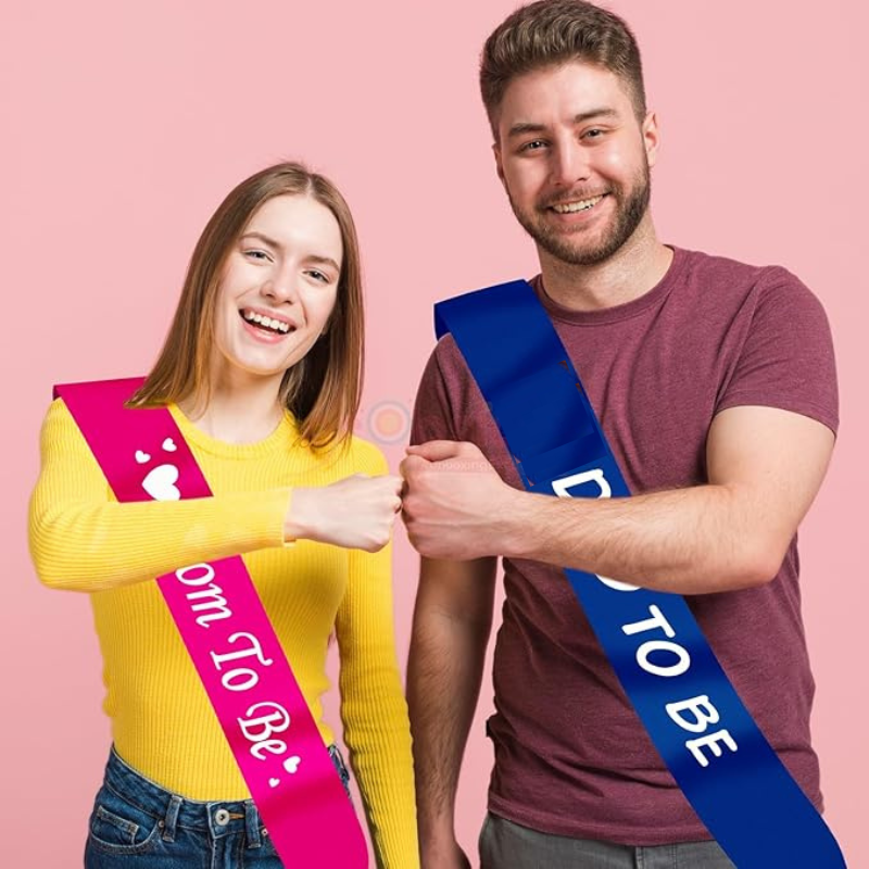 Mom To Be Sash & Dad To Be Sash – Pink & Blue Baby Shower Decoration (Pack of 2 Pc)