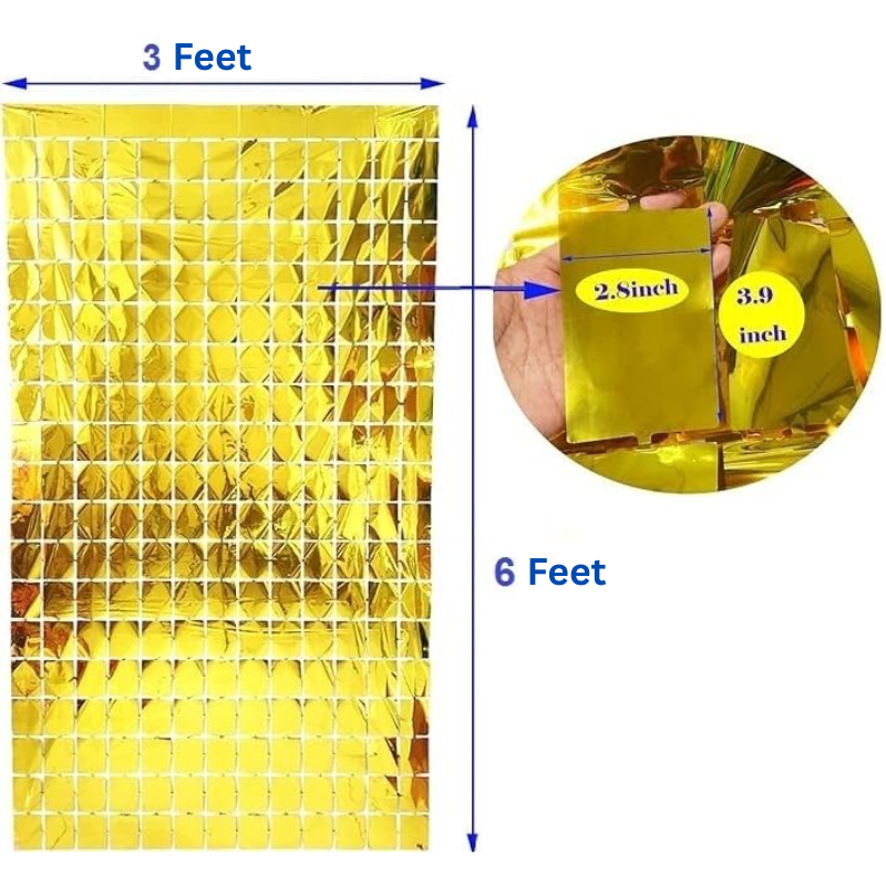 Square Foil Curtain Backdrop – Golden, Silver, Blue & Pink Metallic Box Foil Curtains for Party Decor – (Pack of 1 Pc)