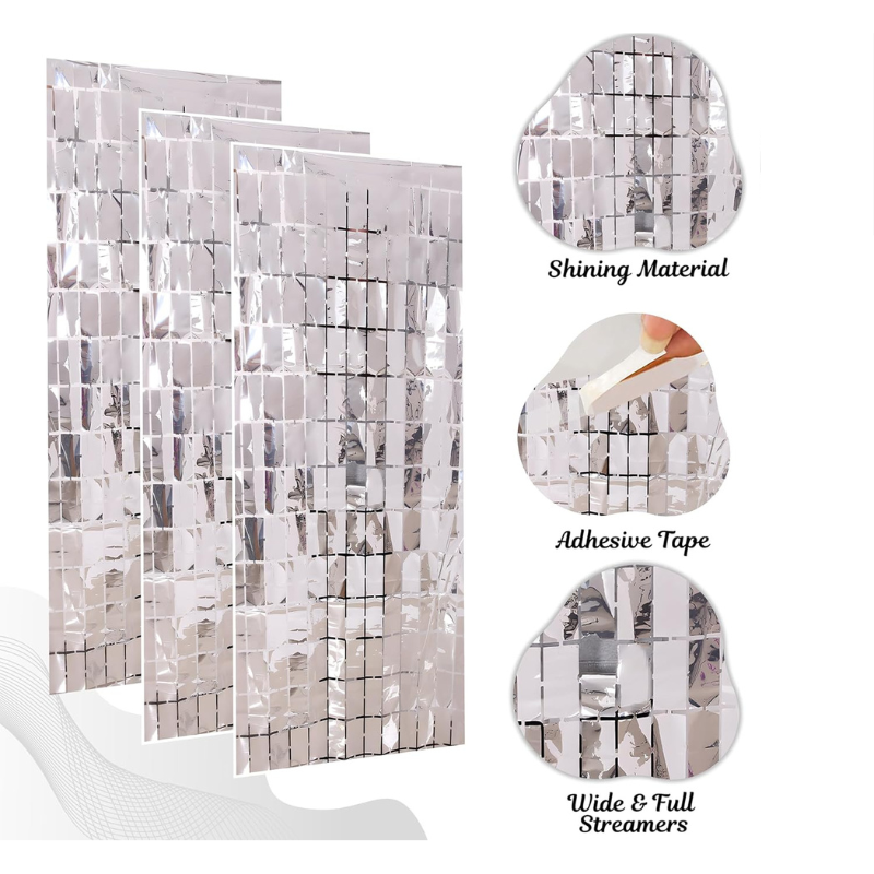 Square Foil Curtain Backdrop – Golden, Silver, Blue & Pink Metallic Box Foil Curtains for Party Decor – (Pack of 1 Pc)